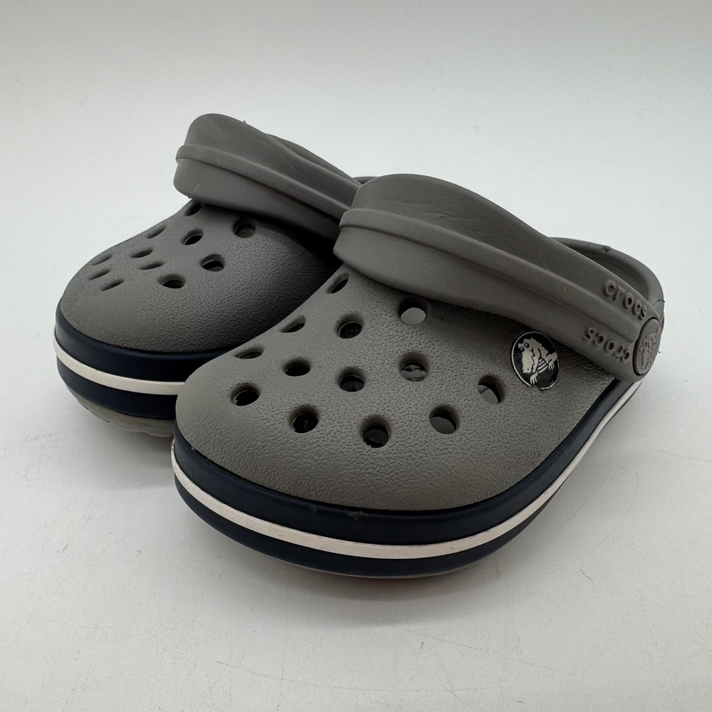 Crocs Toddler Clogs US 5C Gray Navy White Striped Heel Strap Shoes